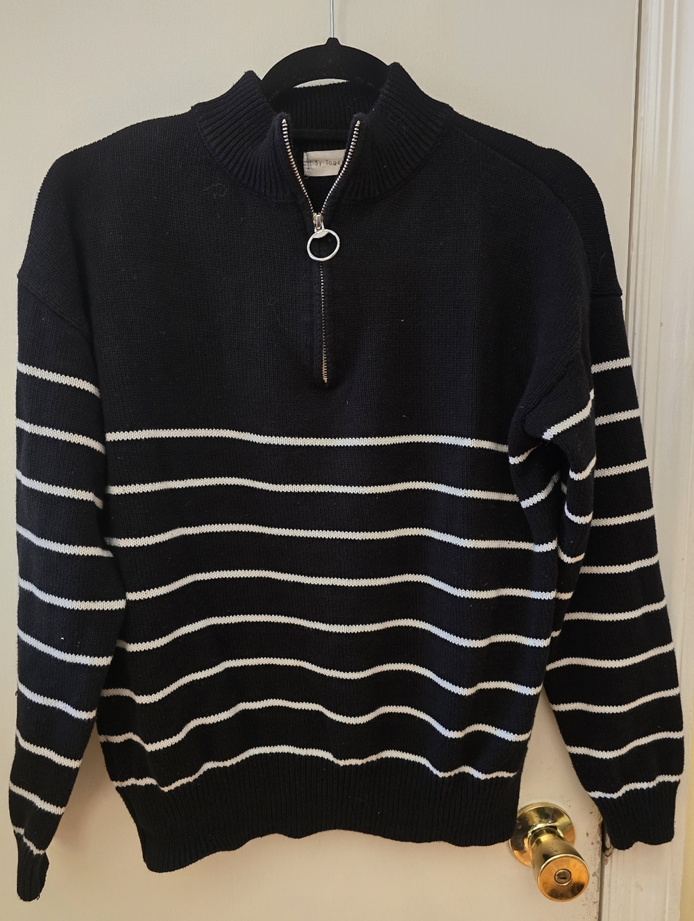 By Together Quarter Zip Mockneck Striped Sweater, Black & White, Size M
